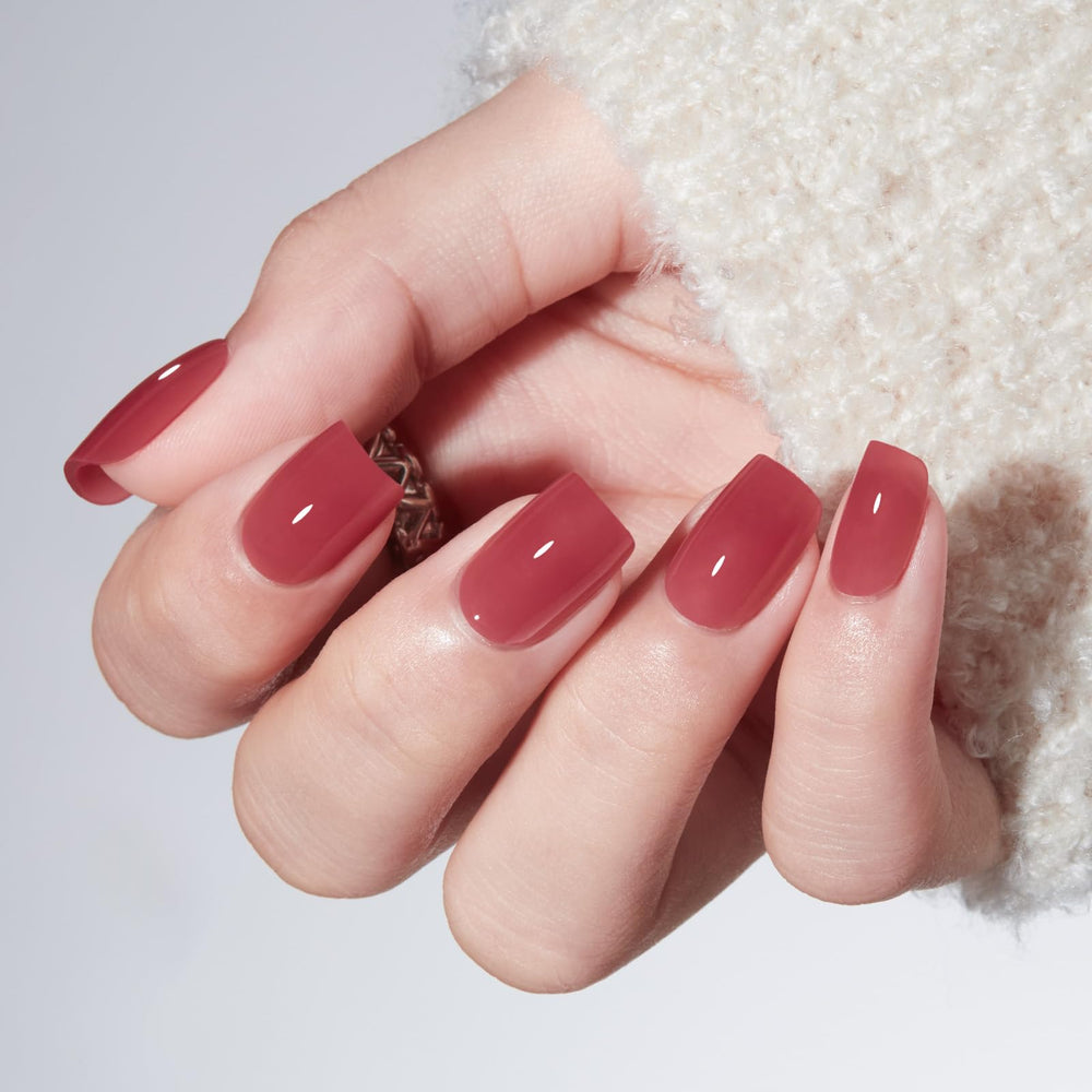 modelones rose red close-up of glossy nail finish highlighting durable shine