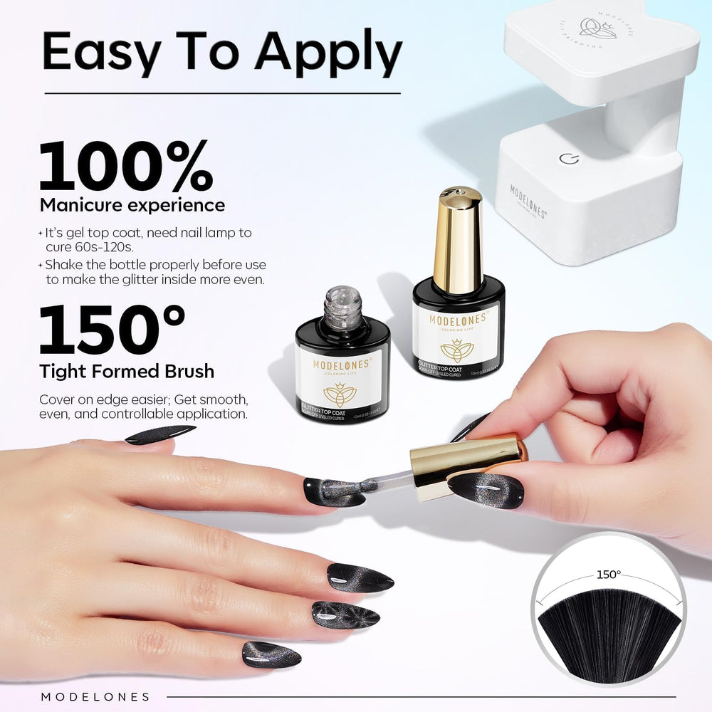 modelones technician using LED lamp curing cat eye top coat for durable finish benefit