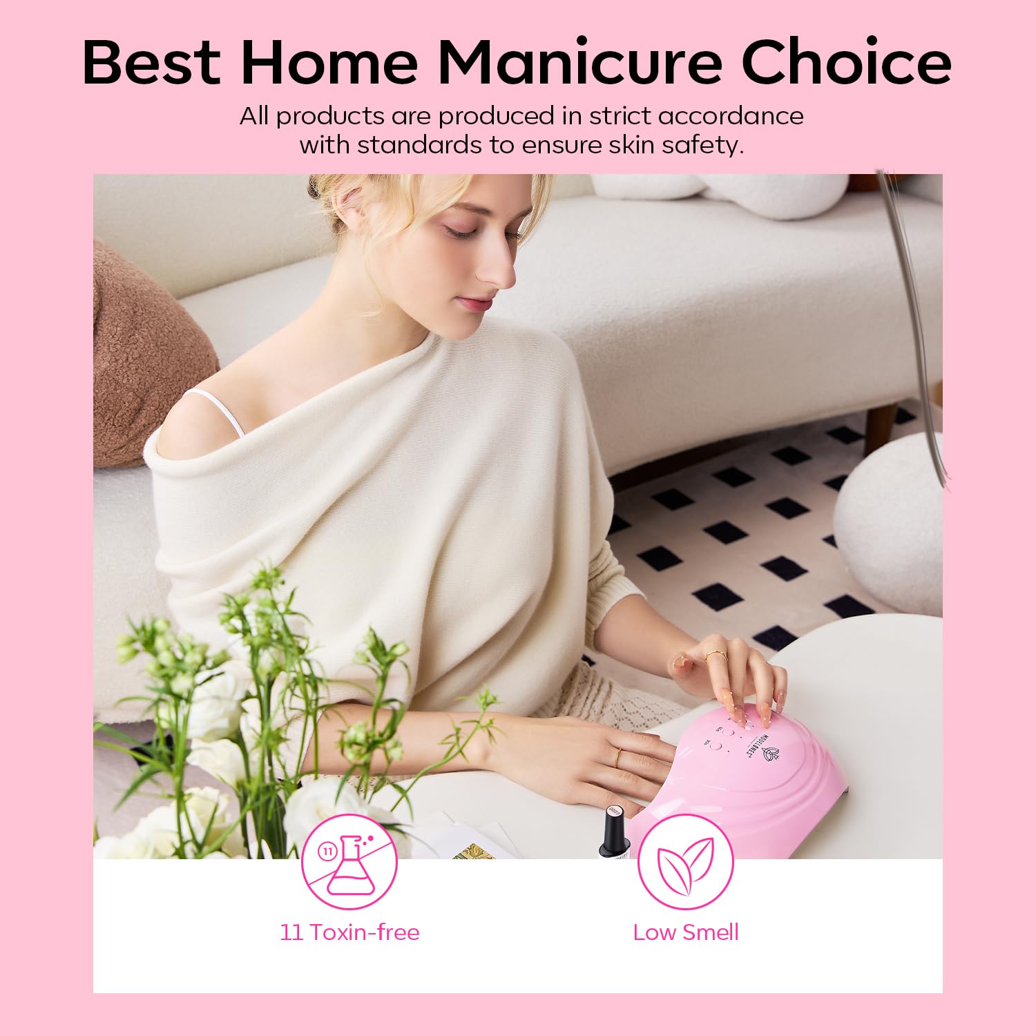 modelones finished manicure in lifestyle scene, salon-quality shine at home