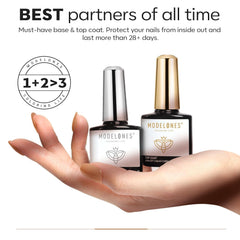 modelones scale comparison 10ml bottle next to fingertip to show compact salon size