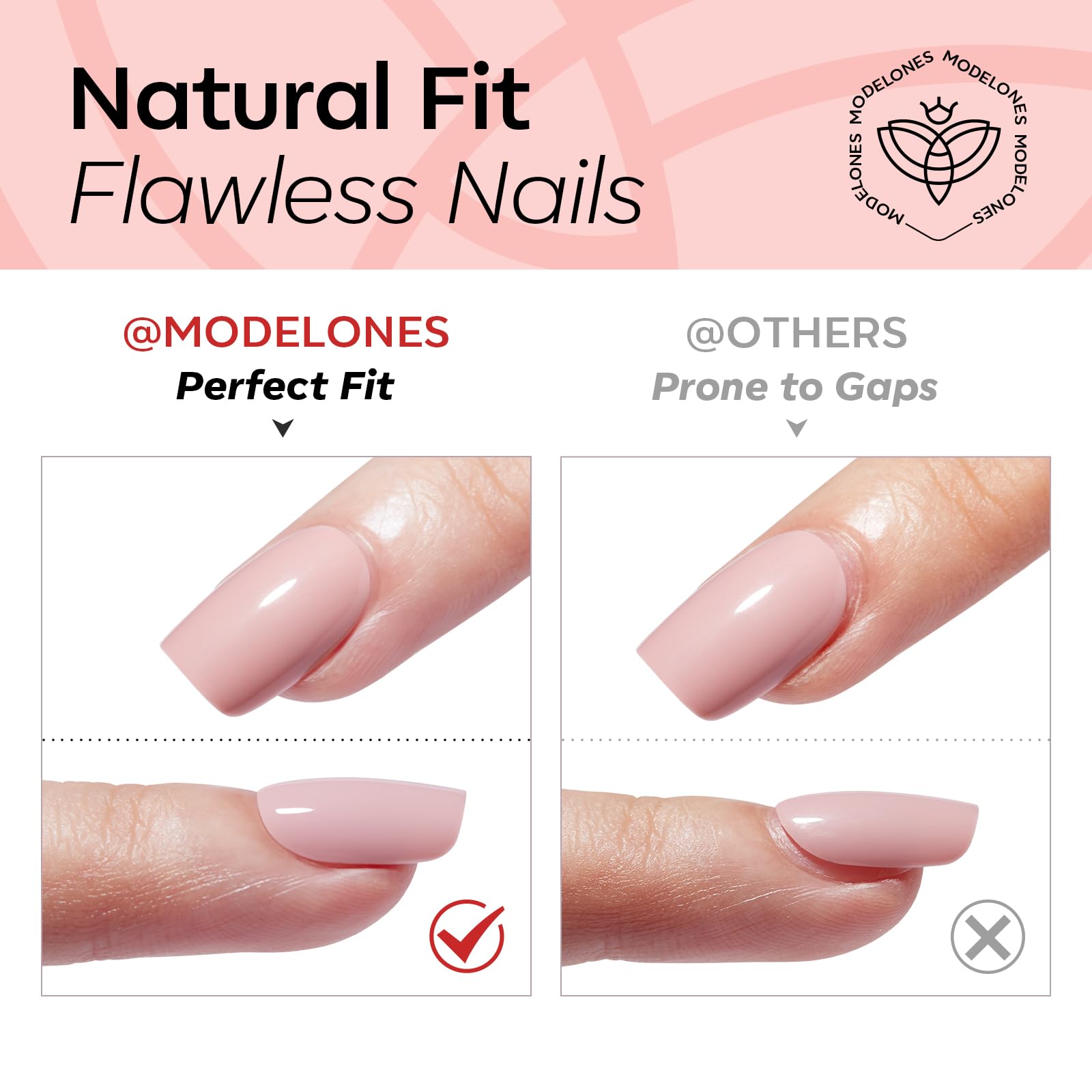 Modelones nails on hand for scale comparison showing natural length