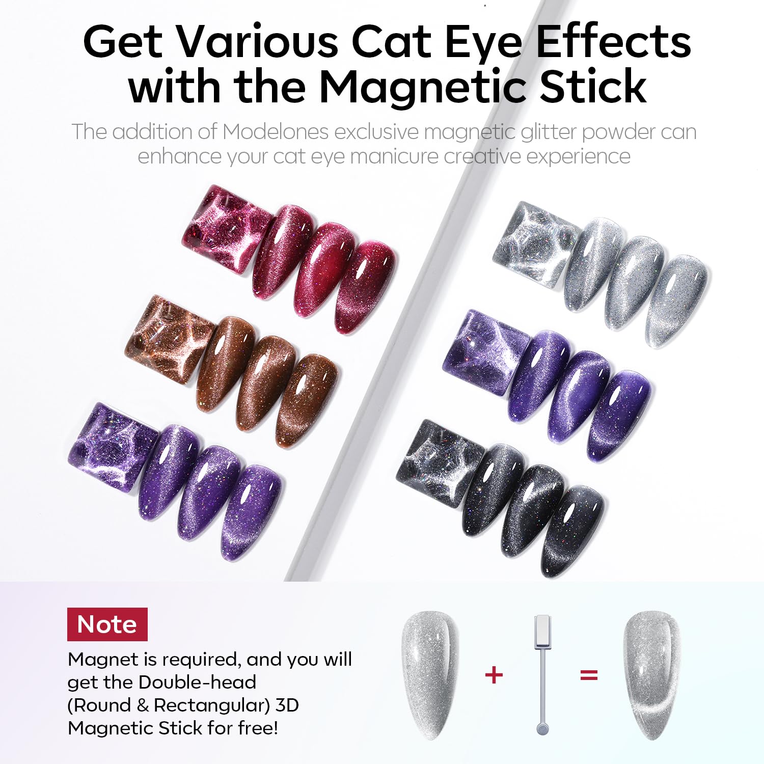 modelones shade swatches lined up to show the six holographic cat eye colors for selection