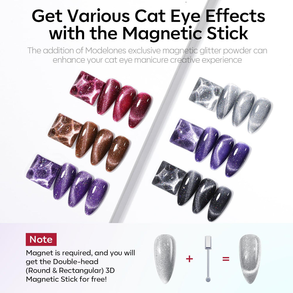 modelones shade swatches lined up to show the six holographic cat eye colors for selection