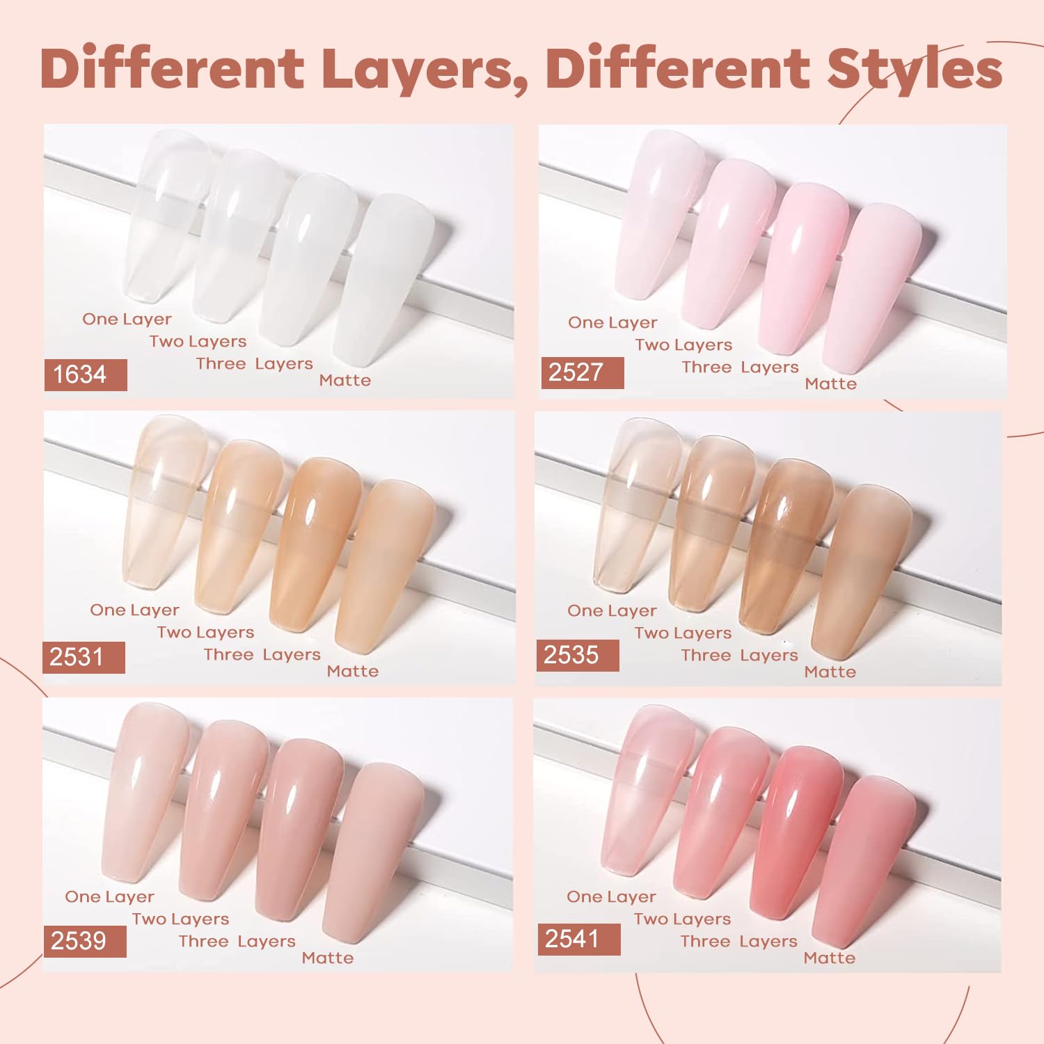 modelones six bottles arranged to show color range for easy shade selection benefit