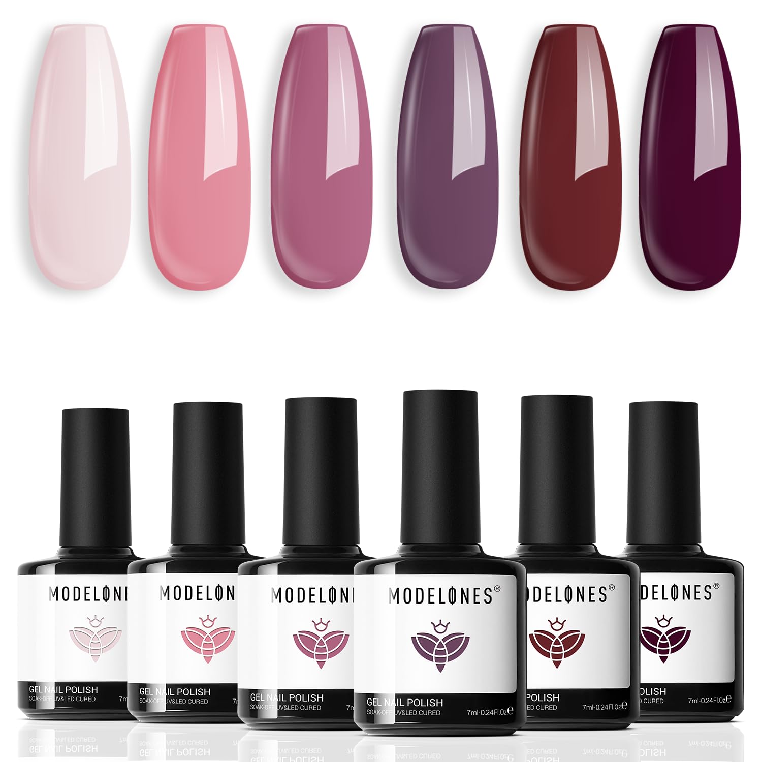 modelones six bottles lined up showing the color range for easy shade selection benefit