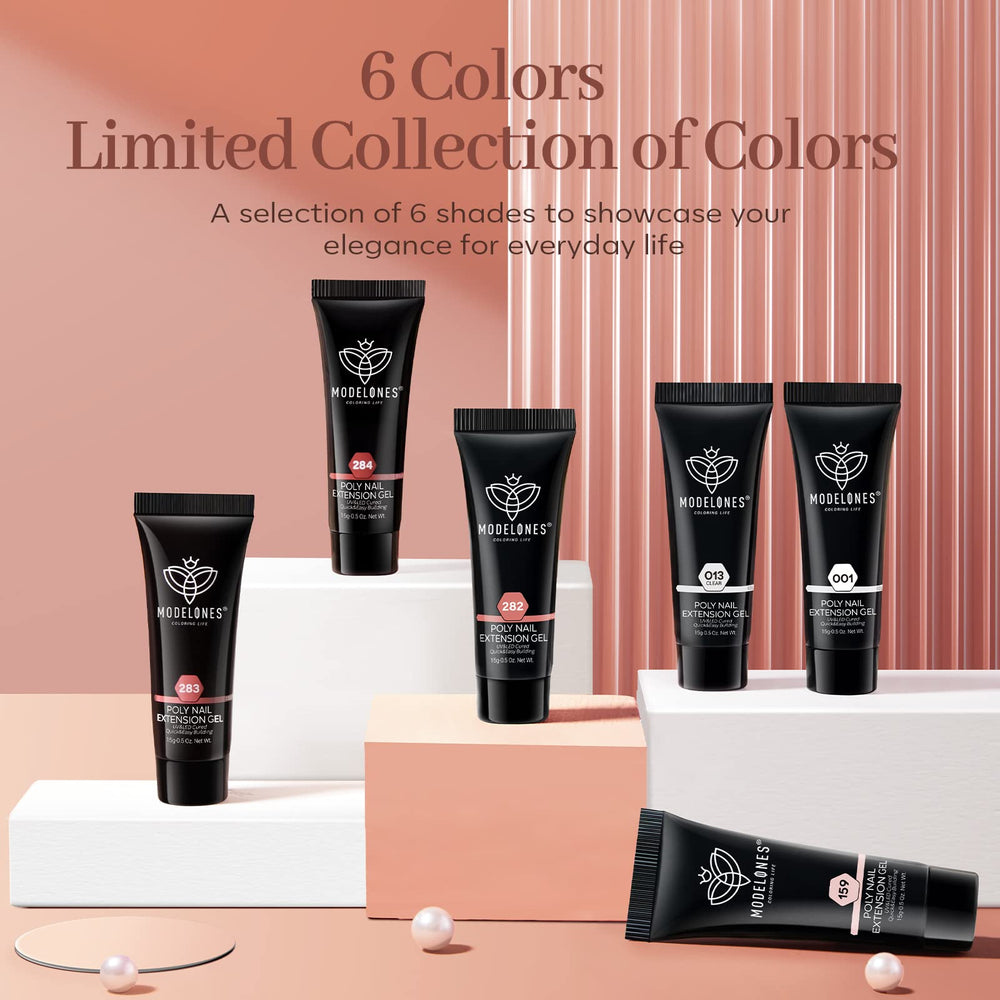 modelones six color swatches on nail tips demonstrating wearable nude shades