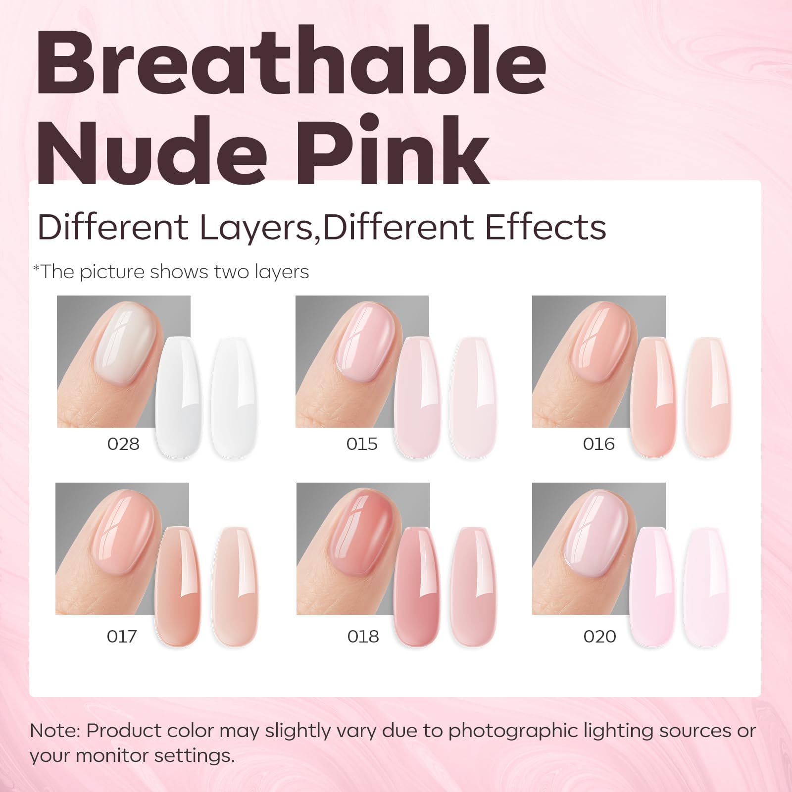 modelones six nude pink builder gel bottles arranged, consistent salon-toned shades