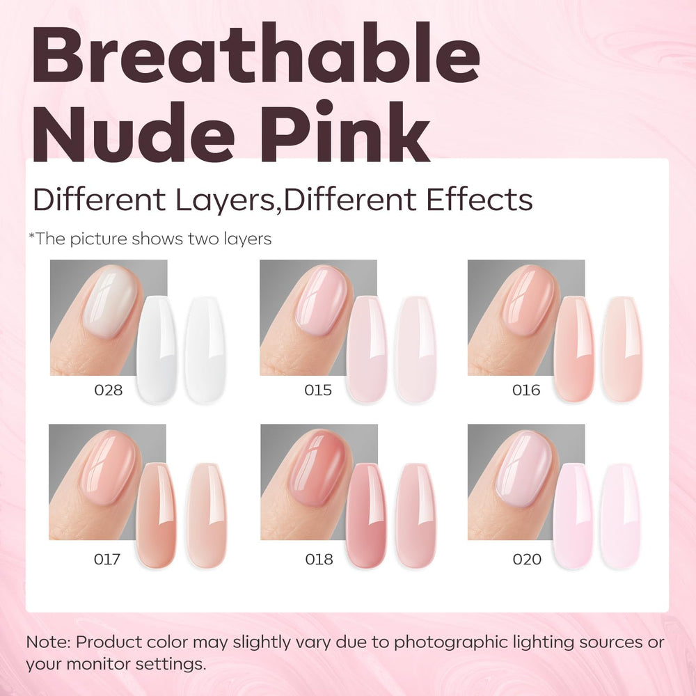 modelones six nude pink builder gel bottles arranged, consistent salon-toned shades