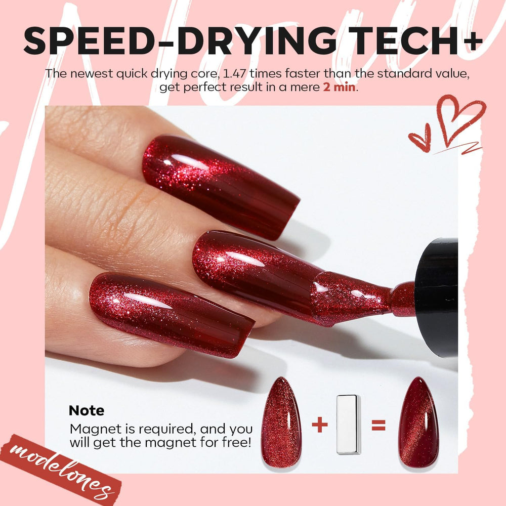 modelones swatches on nail wheels showing six reds and jewel tones for color choice