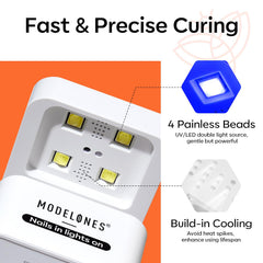 modelones lamp in hand for scale showing portable size advantage