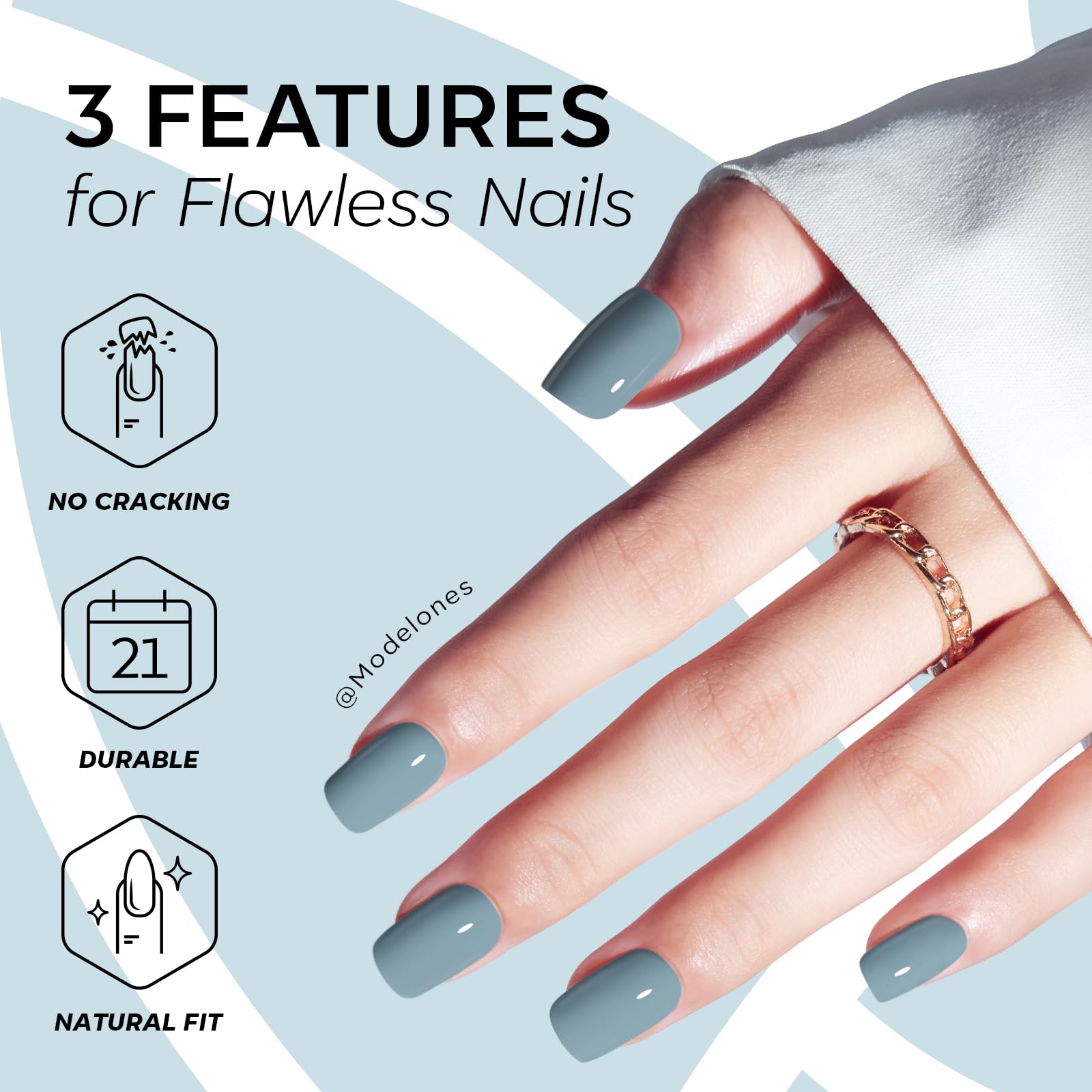 Modelones glue and adhesive tabs displayed for long-lasting or gentle wear