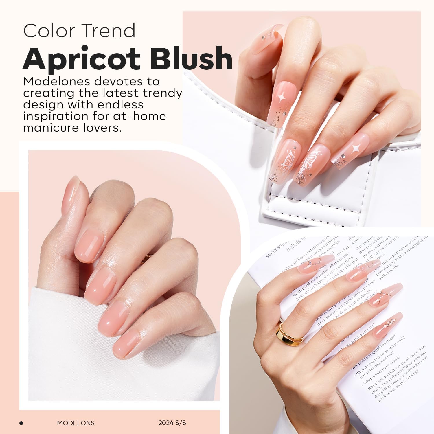modelones apricot blush swatch on tip showing natural sheer color benefit
