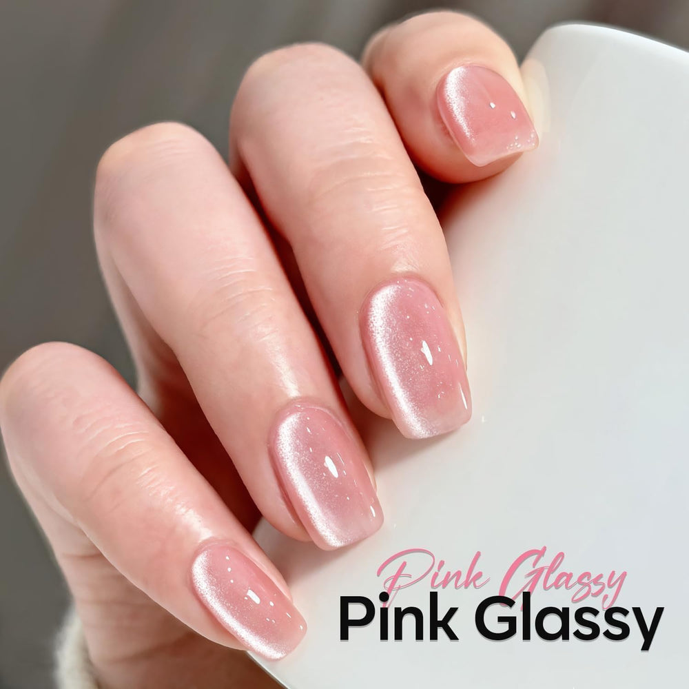 modelones swatch on light base showing delicate pink glitter and translucent finish