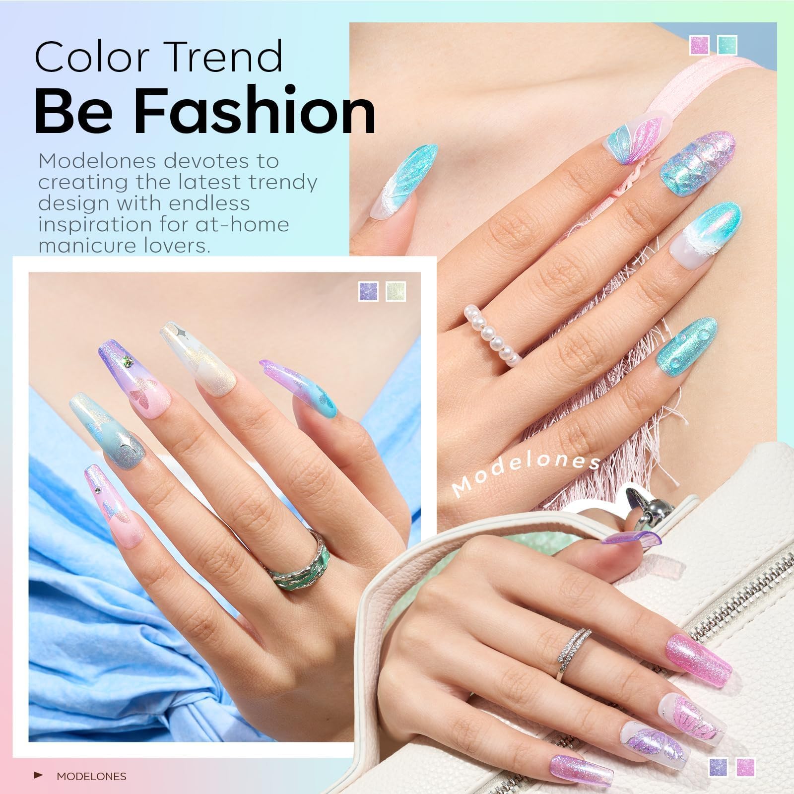 modelones swatch strip of six shades demonstrating pastel and shimmer variety for design choices