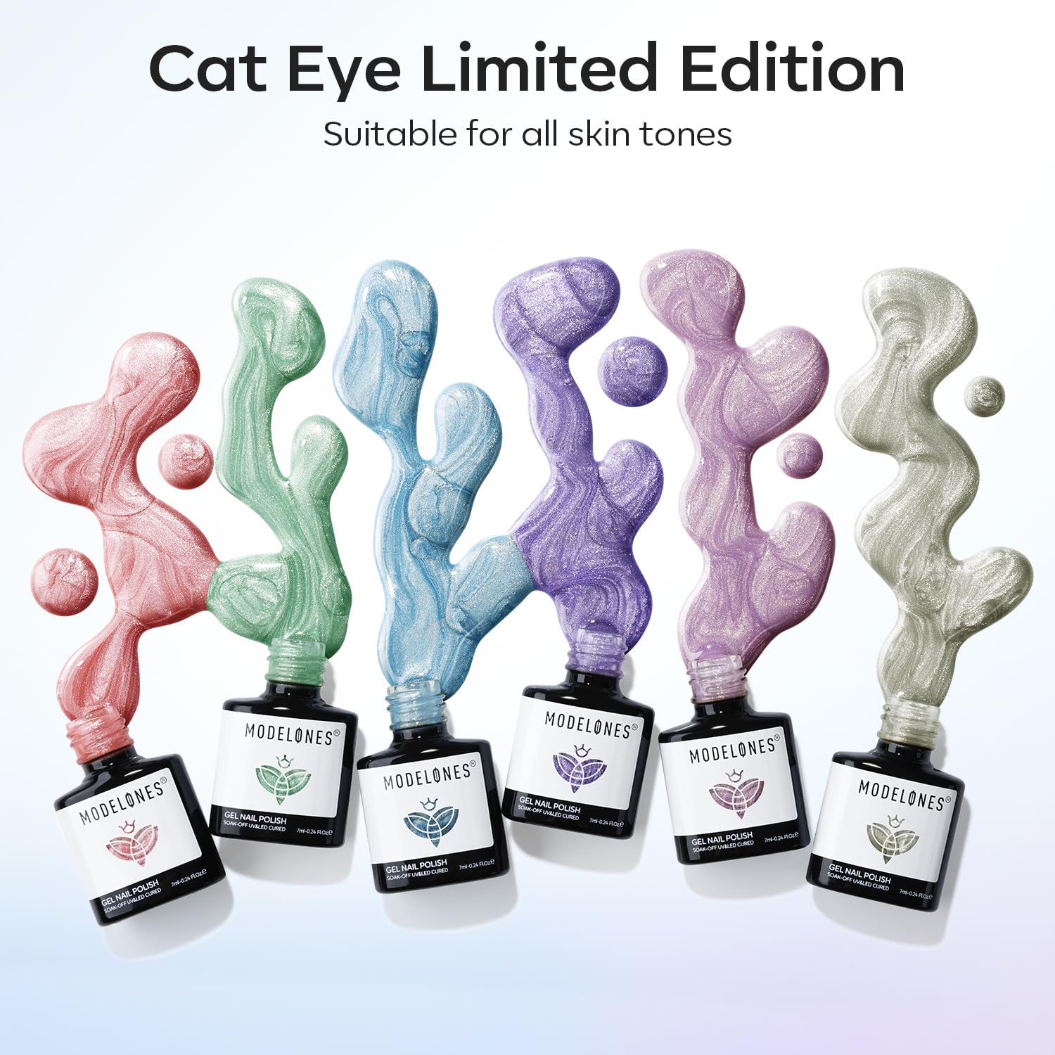 modelones swatch fan of six holographic shades displaying distinct 9D shimmer options