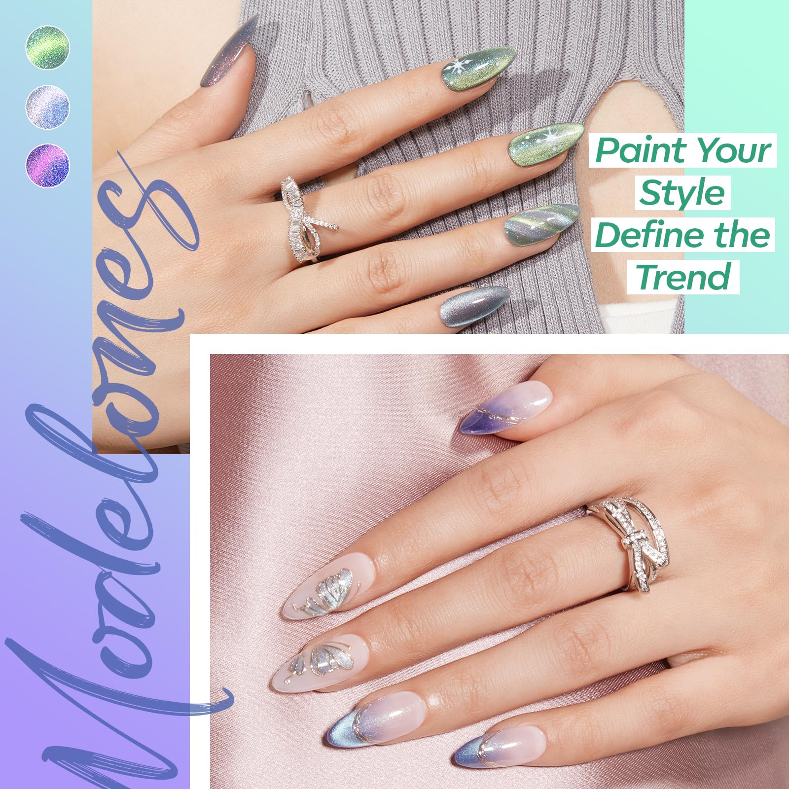 modelones nail wheel swatches showing six blue green purple pearlescent shades