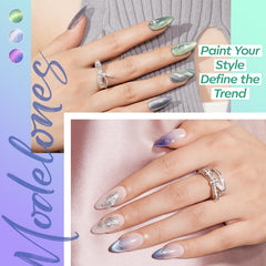 modelones nail wheel swatches showing six blue green purple pearlescent shades