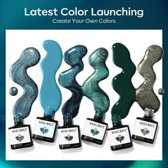 modelones swatches on color wheel illustrating six 9D blue green shades and sparkle benefit