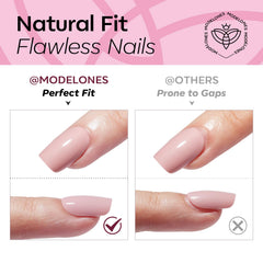 Modelones glue, adhesive tabs, file and cuticle stick arranged to show everything included for easy application