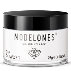 Modelones white dip powder jar front showing label and 1 oz capacity benefit