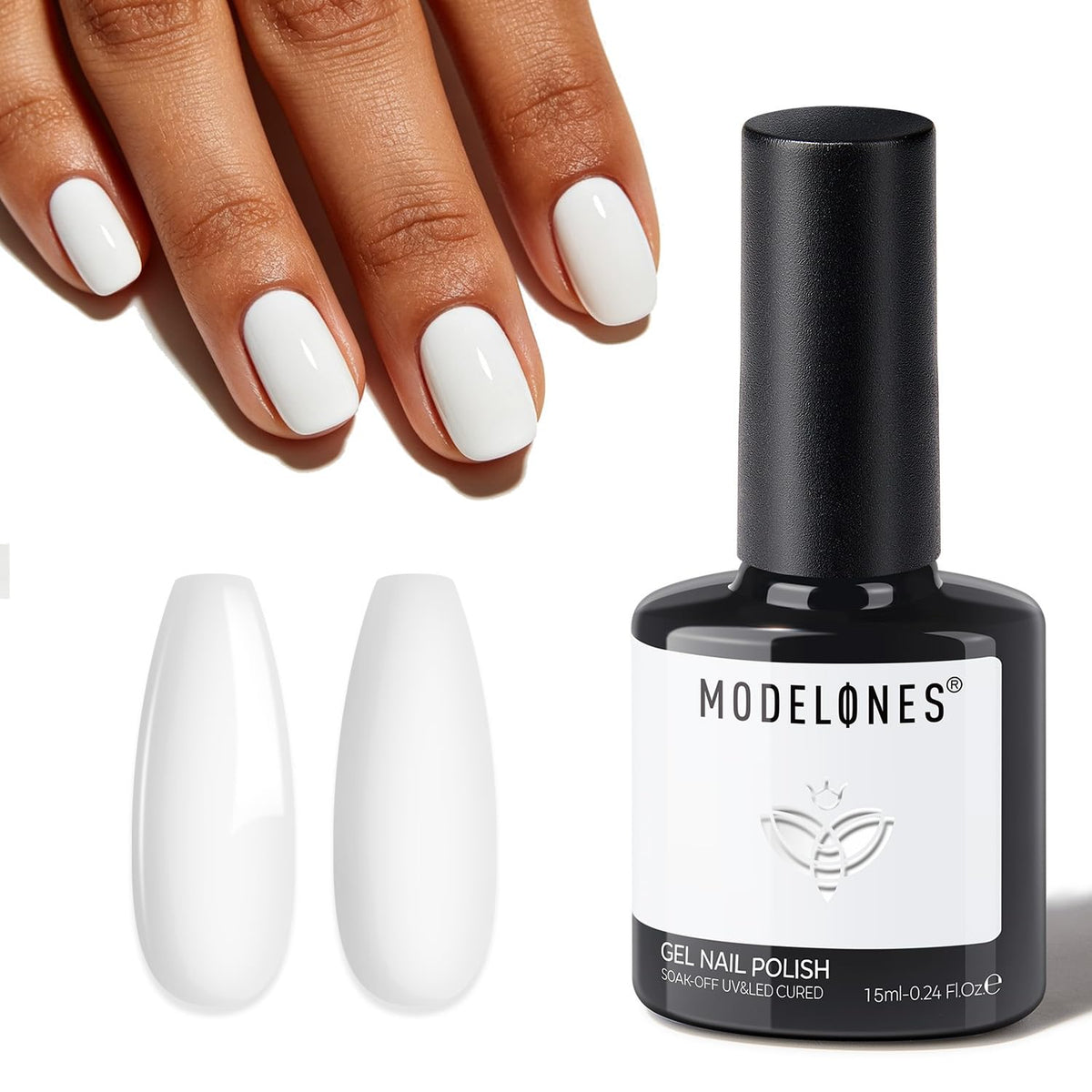 modelones bottle front view showing label and glossy white shade benefit