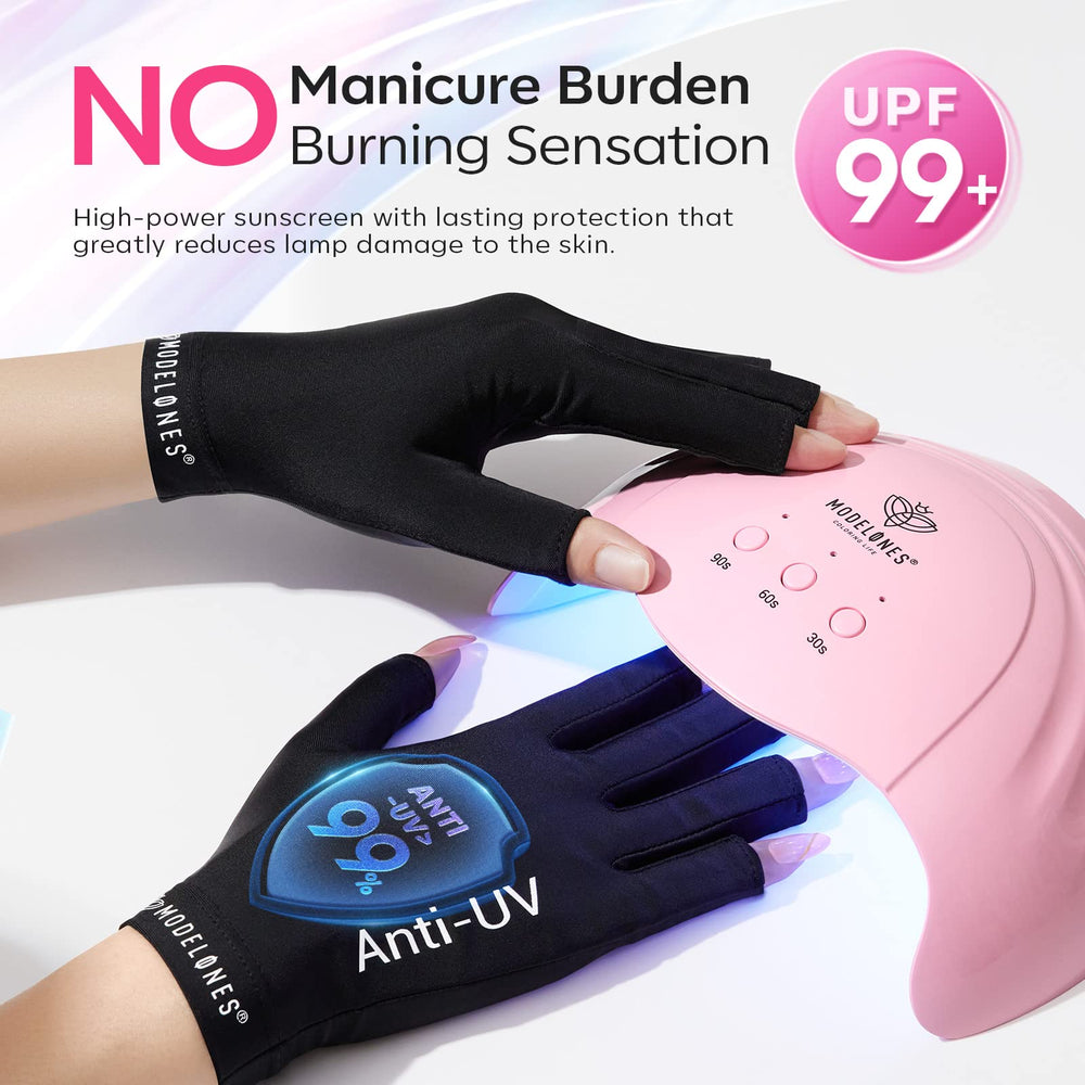 modelones woman using uv lamp with gloves protecting skin during curing