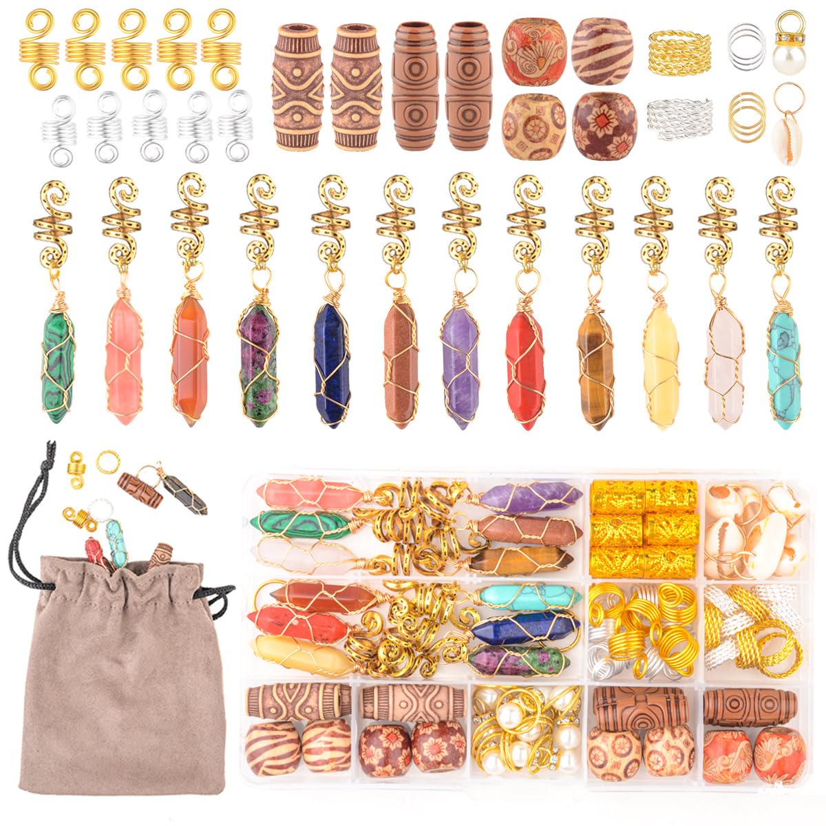 Modpion front packaging showing 90-piece hair jewelry kit and included pouch benefits storage