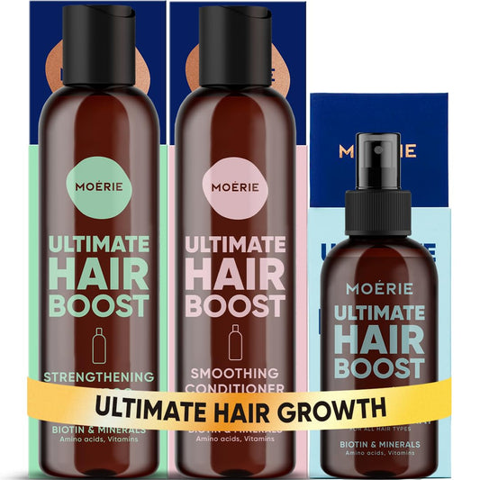 Moerie front packaging set displayed together showing product trio and clear branding benefits thicker hair