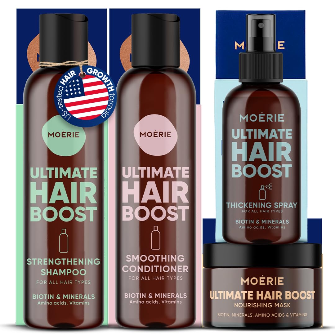 Moerie front packaging set showing all four bottles, clear routine benefits