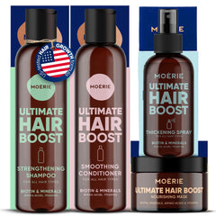 Moerie front packaging set showing all four bottles, clear routine benefits