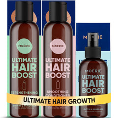Moerie front packaging set displayed together showing product trio and clear branding benefits thicker hair
