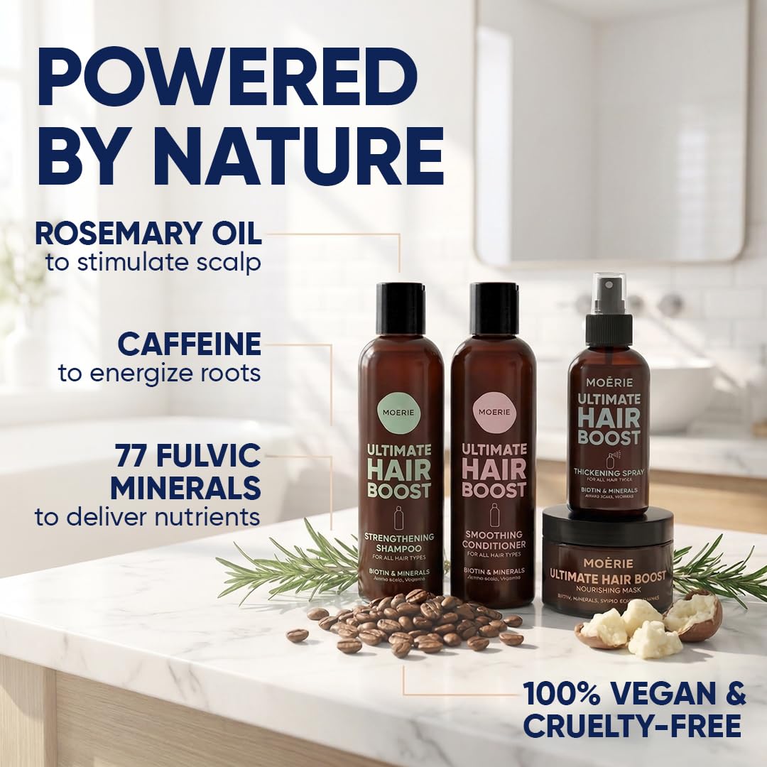 Moerie ingredients display with rosemary and biotin highlighting nutrient support