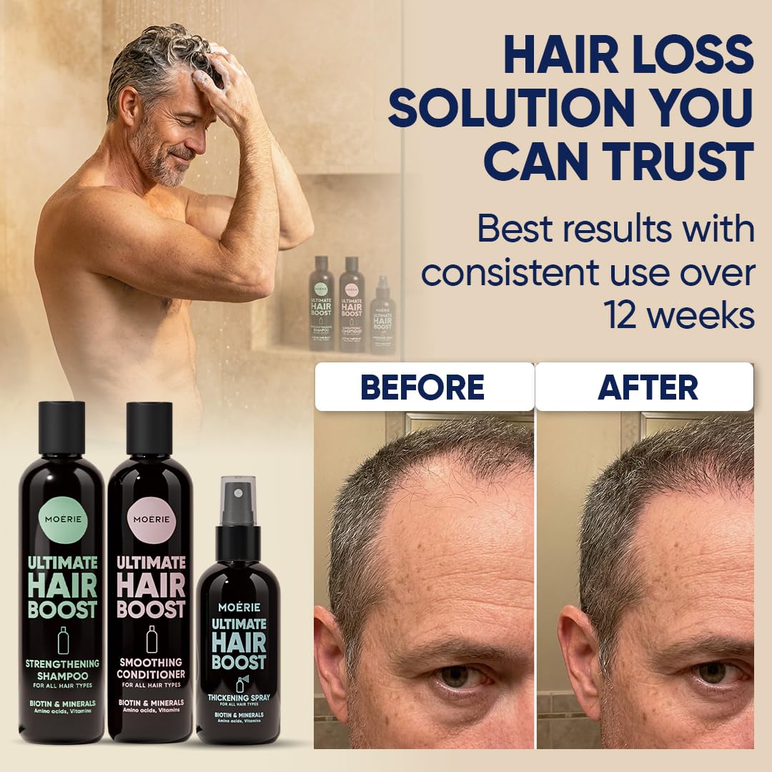 Moerie spray in hand application misting over hair illustrating targeted thickening and everyday use