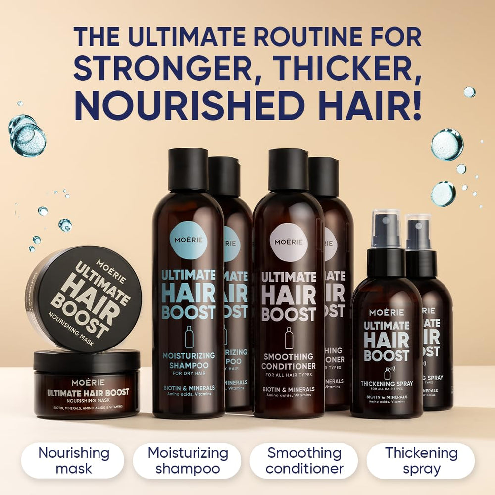 Moerie styled hair after use showing increased volume and visibly fuller hair