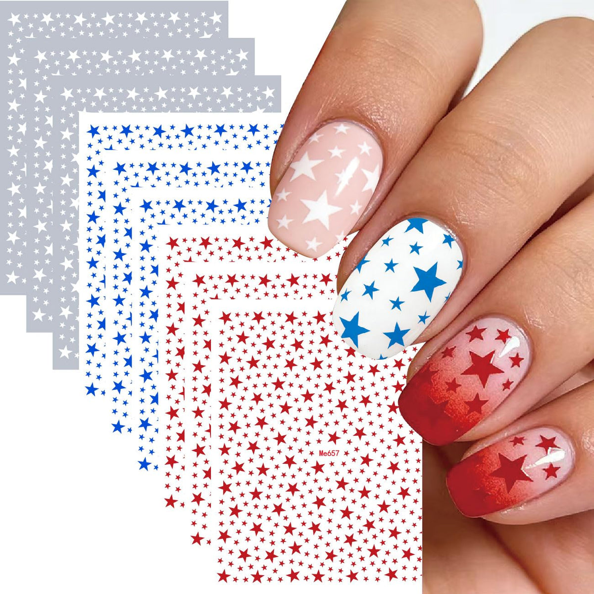 Mokesova front packaging showing patriotic nail sticker variety and quick DIY benefit