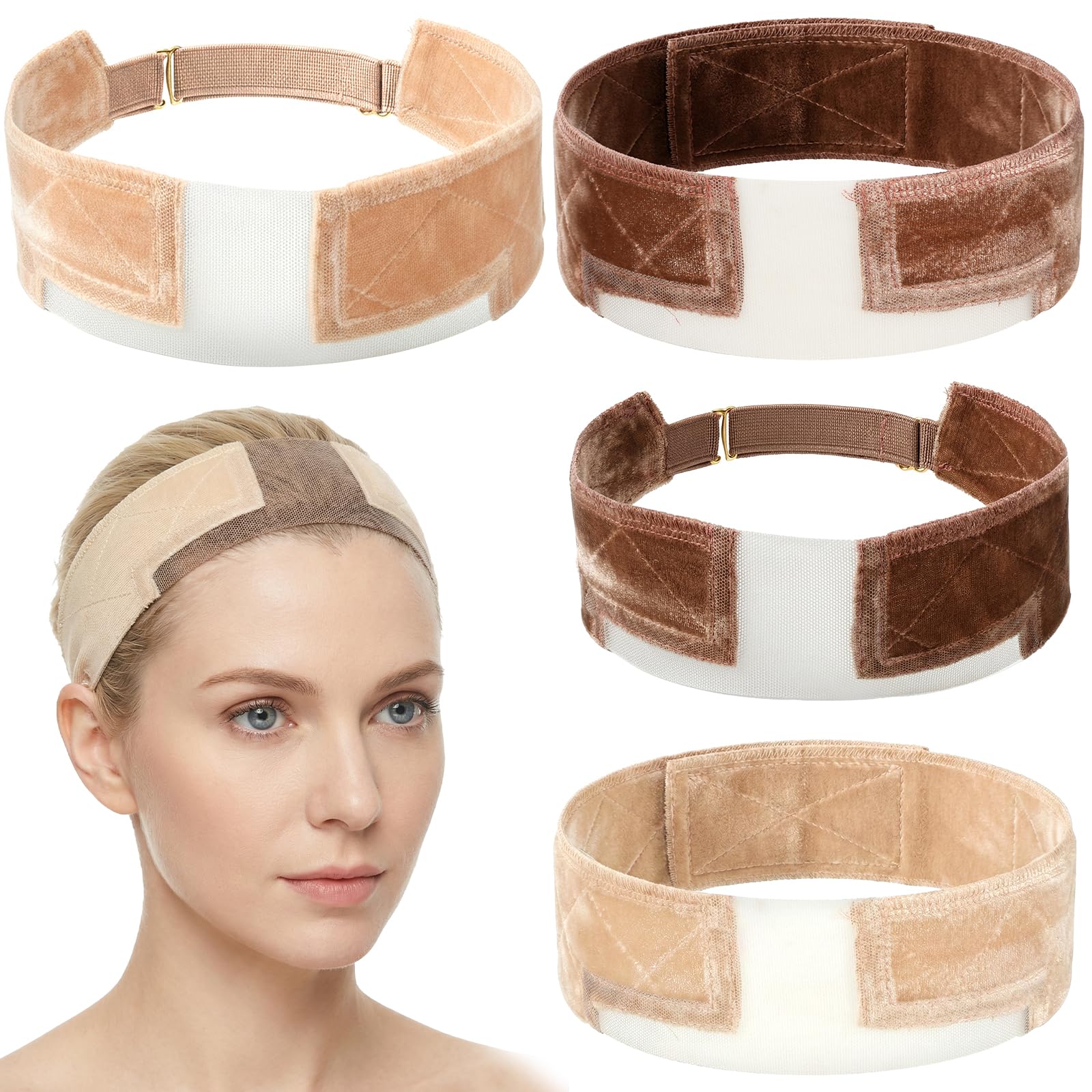 Molain front view of four wig grip bands showing neutral colors and neat packaging benefit visibility
