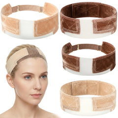 Molain front view of four wig grip bands showing neutral colors and neat packaging benefit visibility