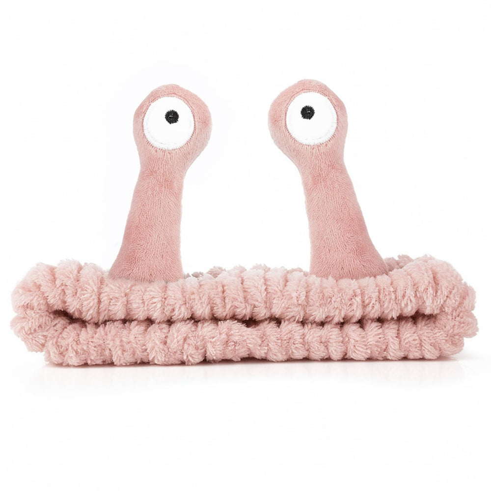 Molain front view light pink headband showing cute Palm and Snail design and secure fit