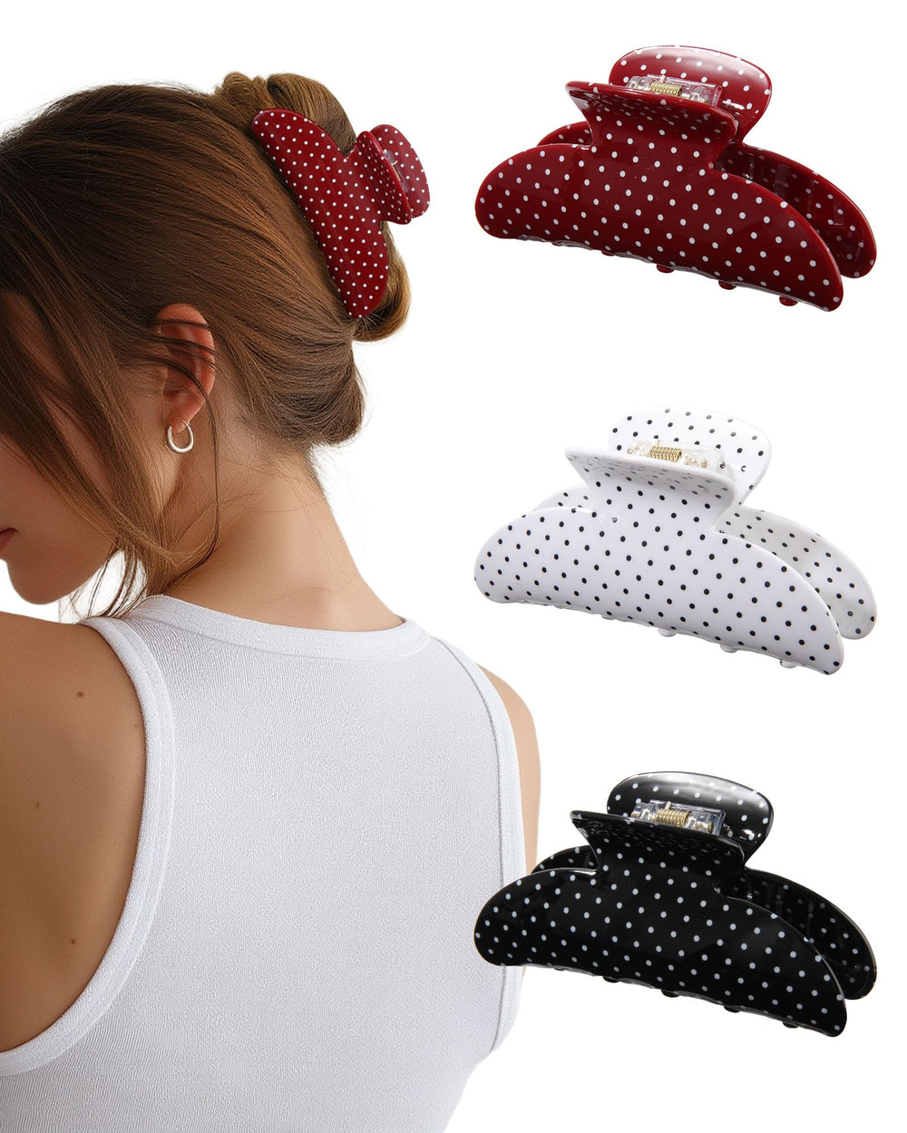 Molans front view of three polka dot clips showing colors and design for stylish hold