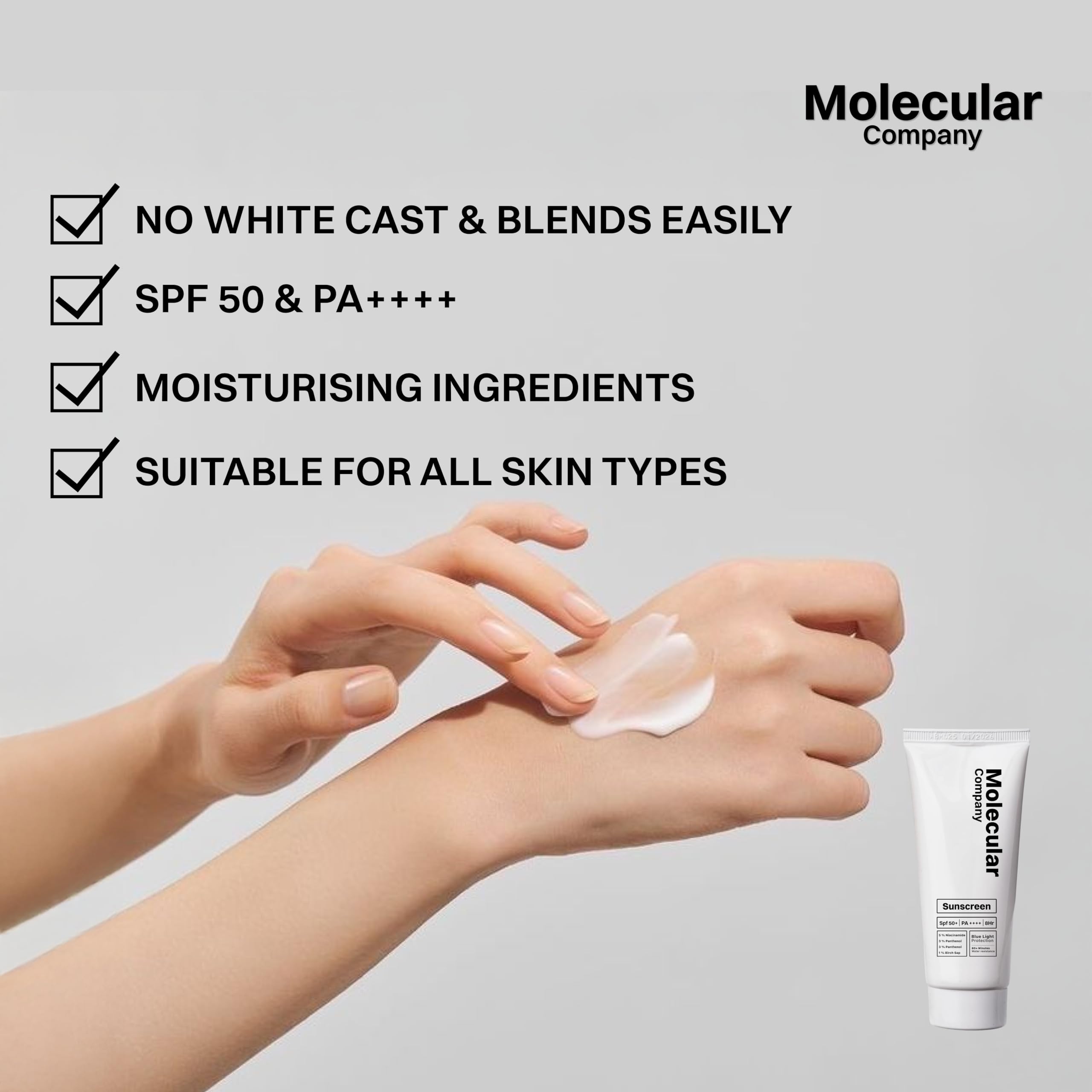 Molecular Company sunscreen absorbed into skin leaving hydrated matte finish
