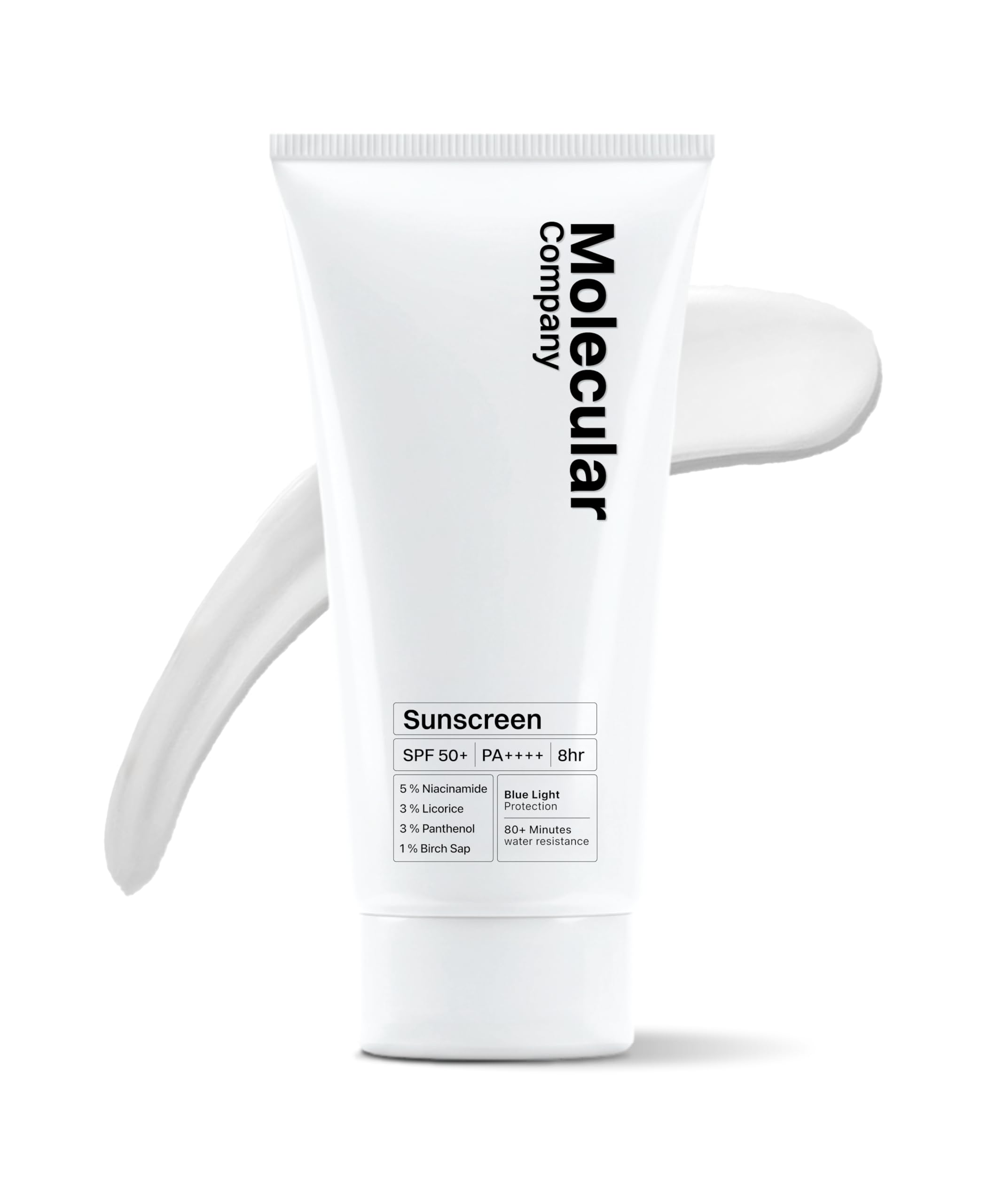 Molecular Company sunscreen front tube showing packaging and SPF protection
