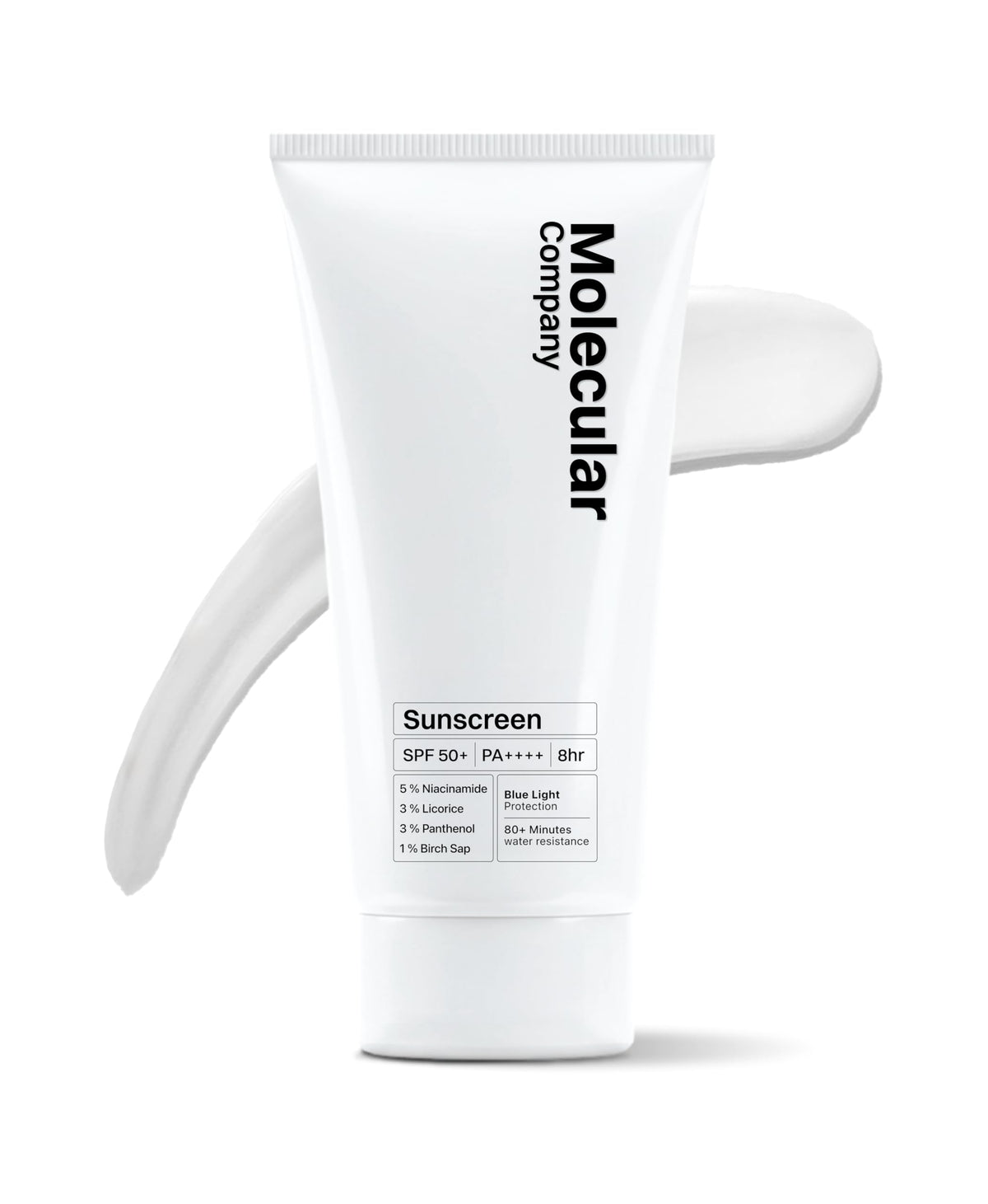 Molecular Company sunscreen front tube showing packaging and SPF protection