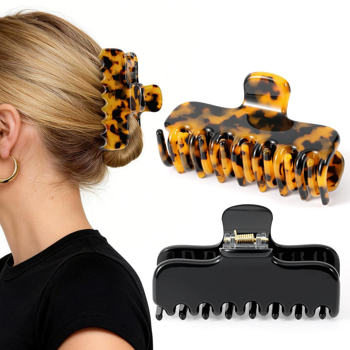 Molizummy front view of black and tortoise clips showing polished finish and versatile style