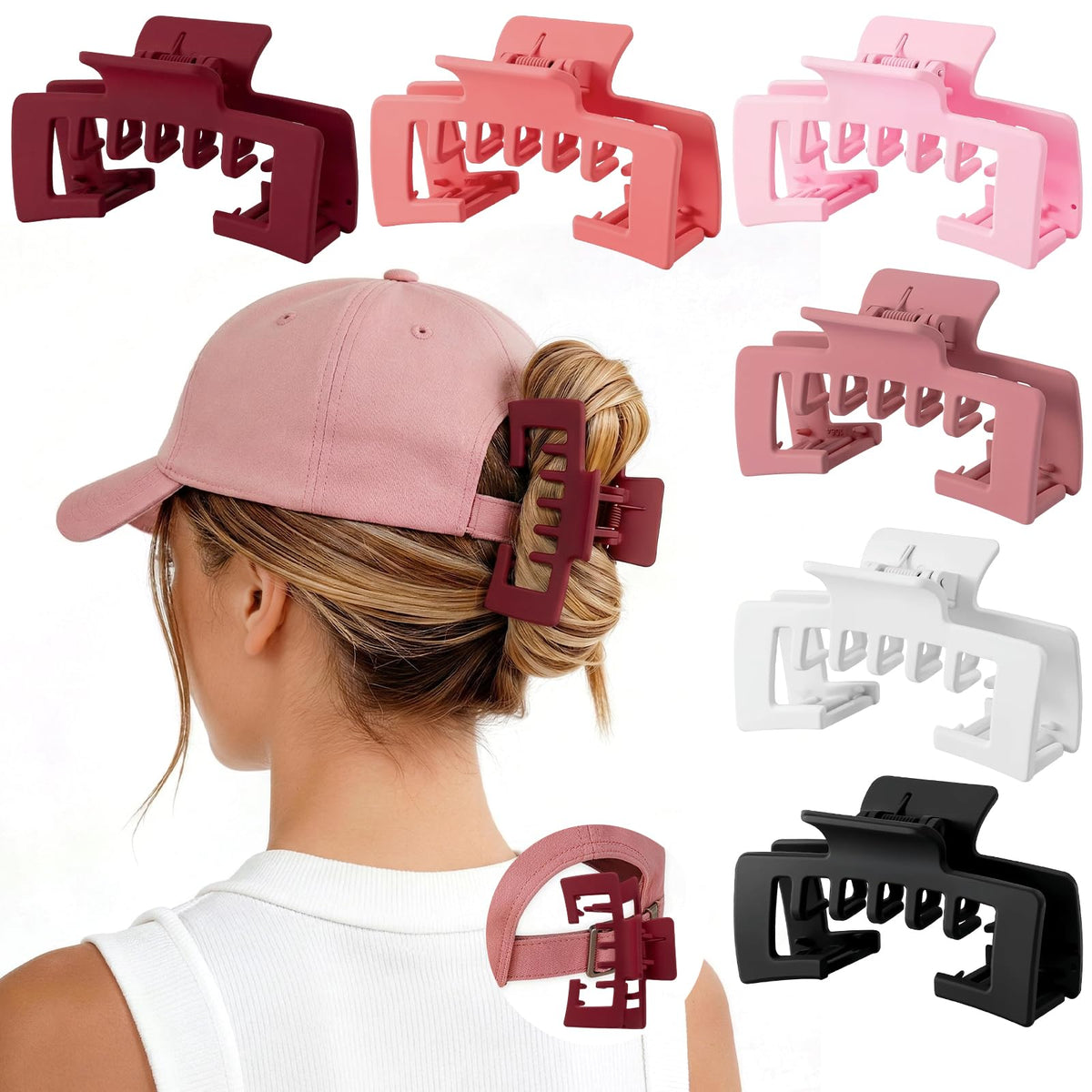 Molizummy front packaging showing six hat claw clips and color variety, easy selection benefit