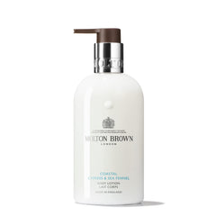 Molton Brown bottle front view showing label and elegant lotion benefit