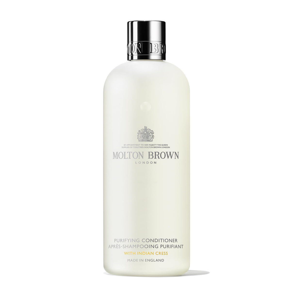Molton Brown bottle front label showing product and volume, elegant presentation benefit