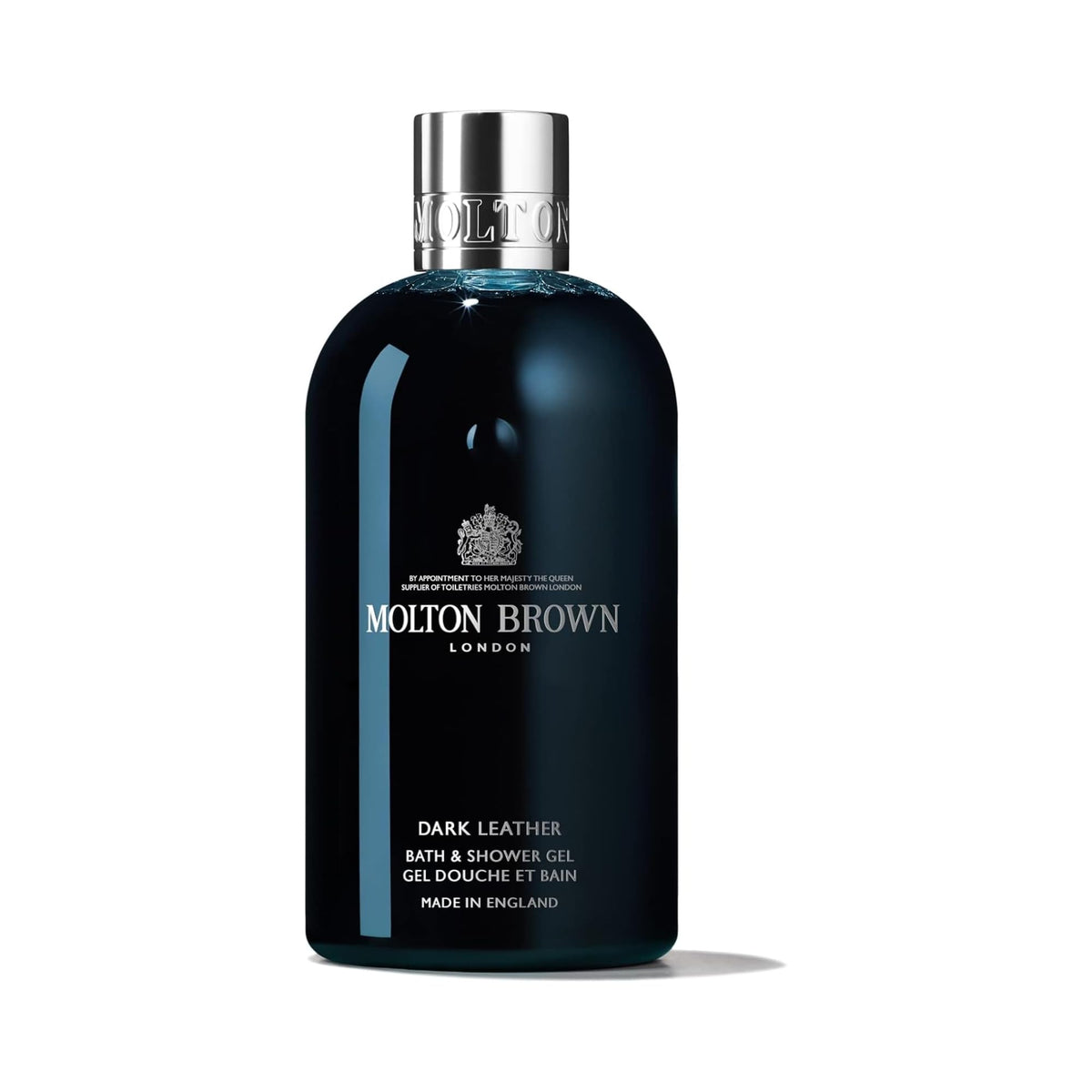 Molton Brown dark leather front bottle showing elegant packaging and recyclable design