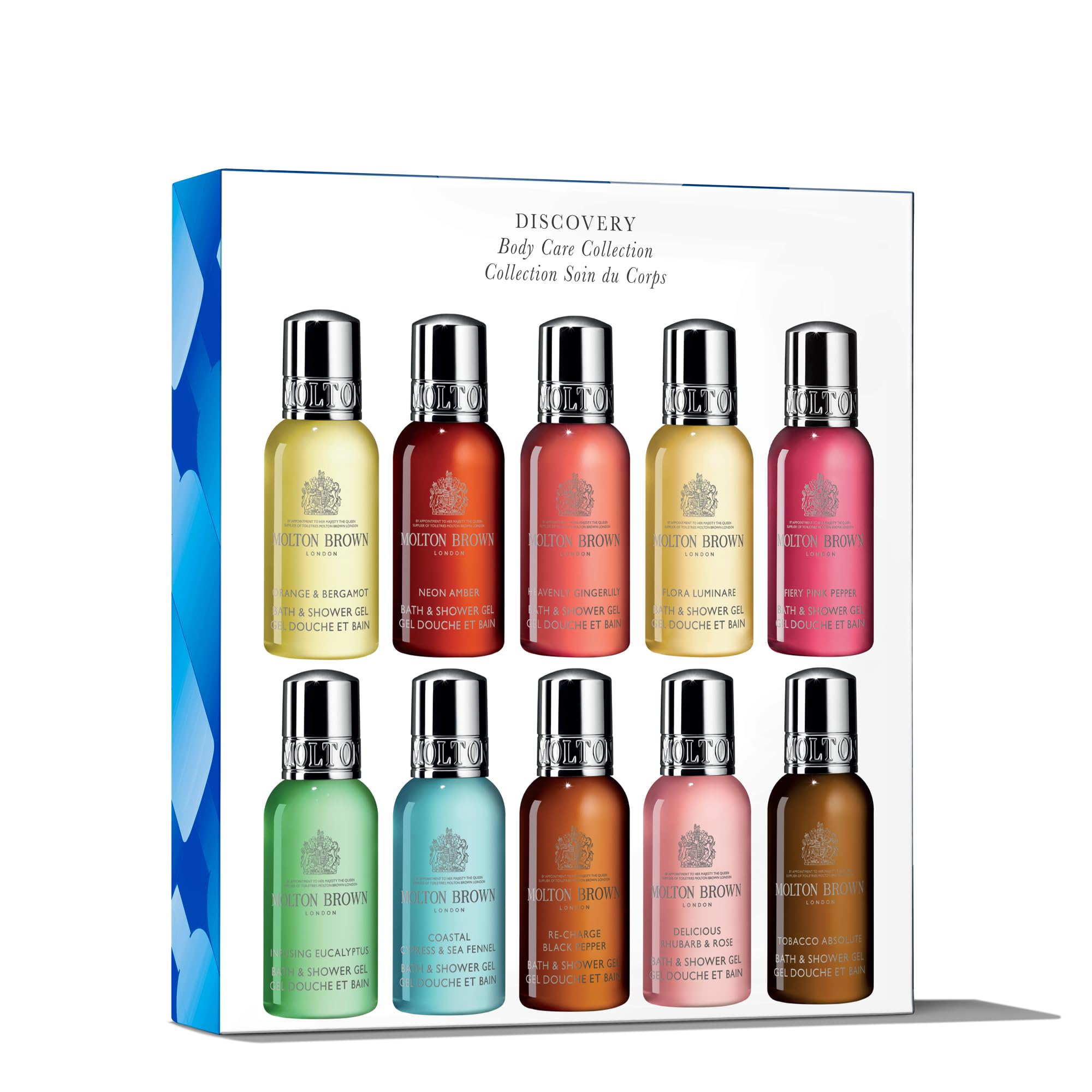 Molton Brown discovery set front packaging showing all ten minis and gift box benefit variety