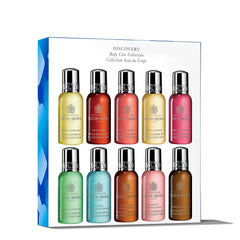Molton Brown discovery set front packaging showing all ten minis and gift box benefit variety