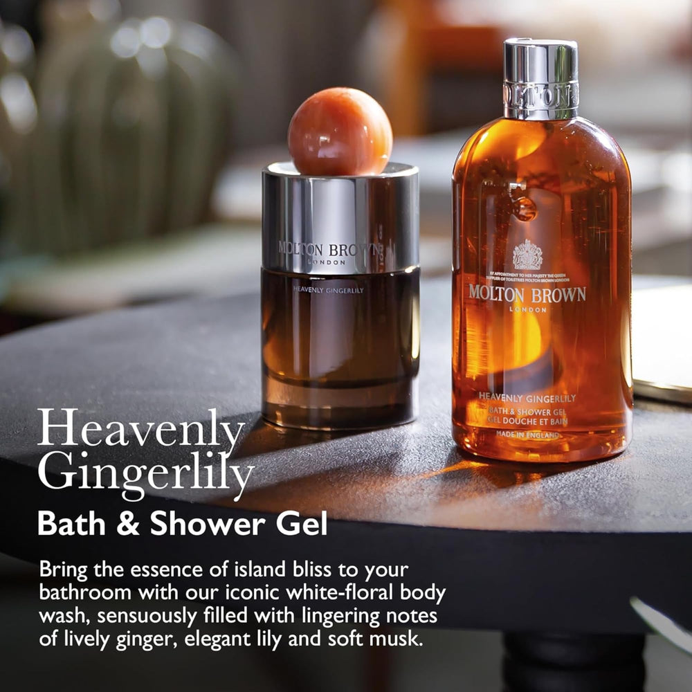 Molton Brown body wash pouring into palm creating creamy lather benefit: gentle cleansing